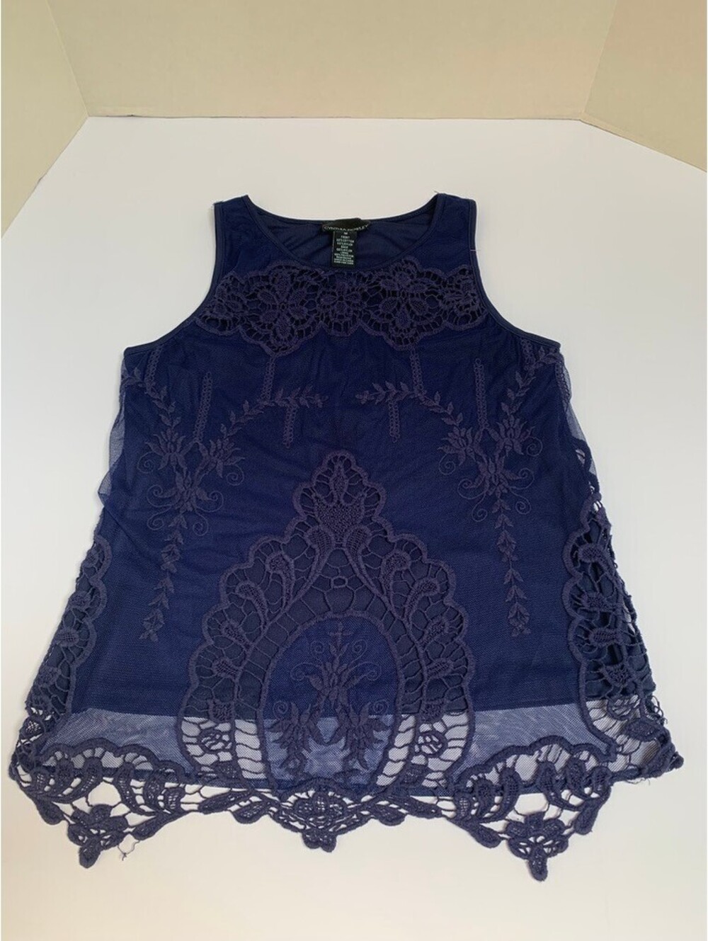 Cynthia Rowley Navy Blue Sleeveless Blouse Top with Lace Cover Size M